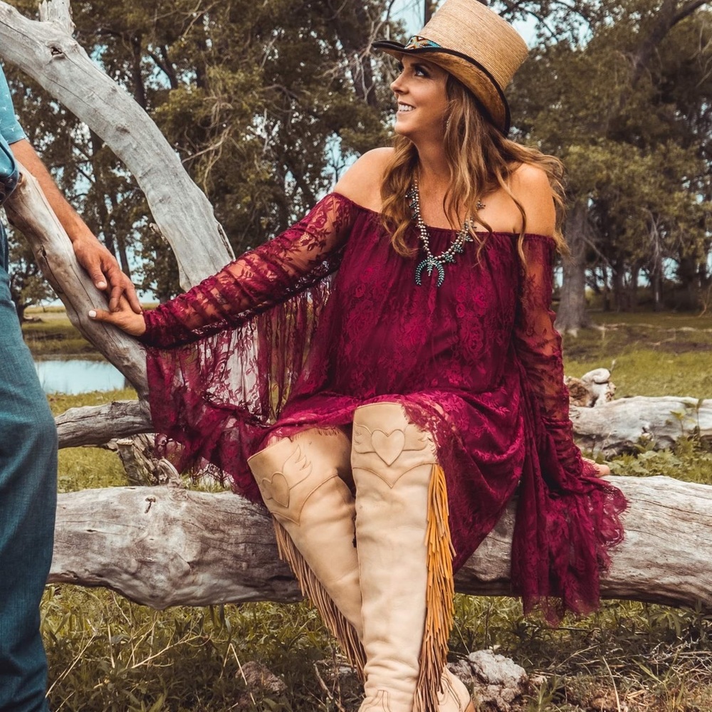 Burgundy lace wing sleeve dress.
